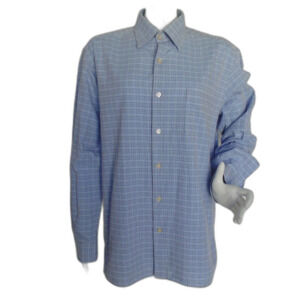 ERMENEGILDO ZEGNA Shirt, XL, Blue, Tattersall plaid, Button down Collar, LS